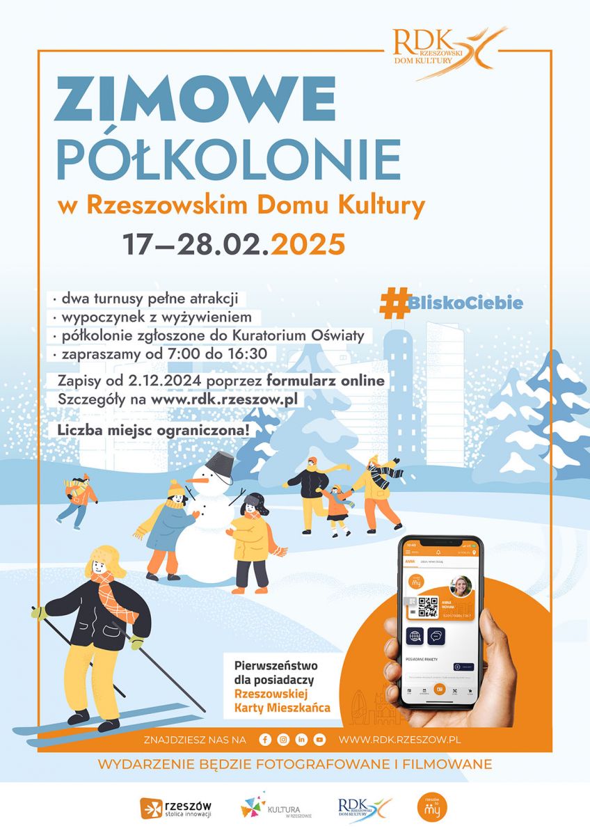 Plakat promujący zimowe kolonie w Rzeszowskim Domu Kultury